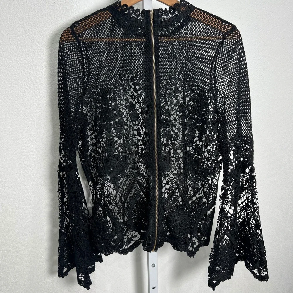 Crochet Grunge‎ Lace Top Black Floral Sheer Bell Sleeve M Dark Fairy Whimsigoth - Picture 4 of 13